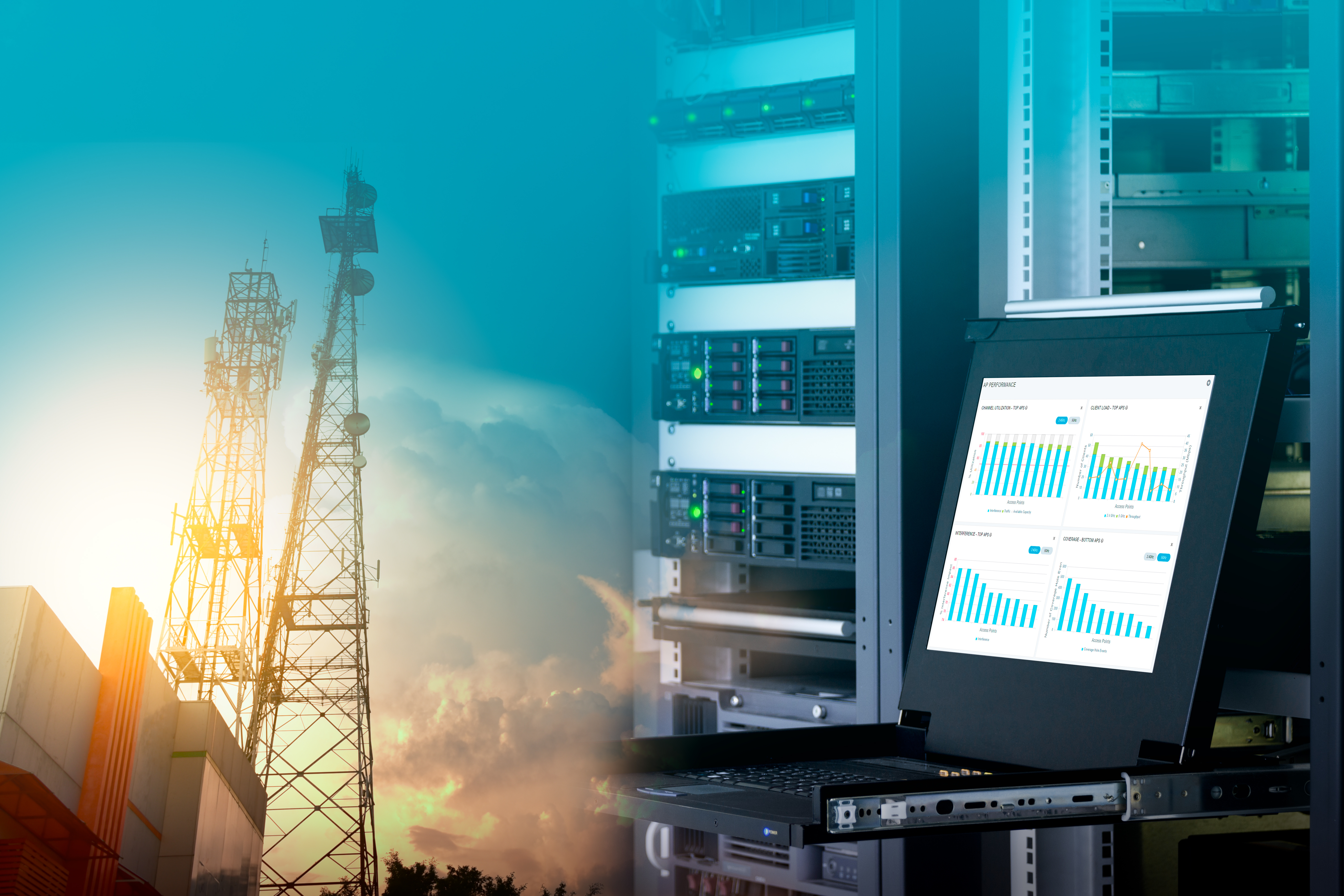 Management monitor with charts on screen in data center and telecommunication tower