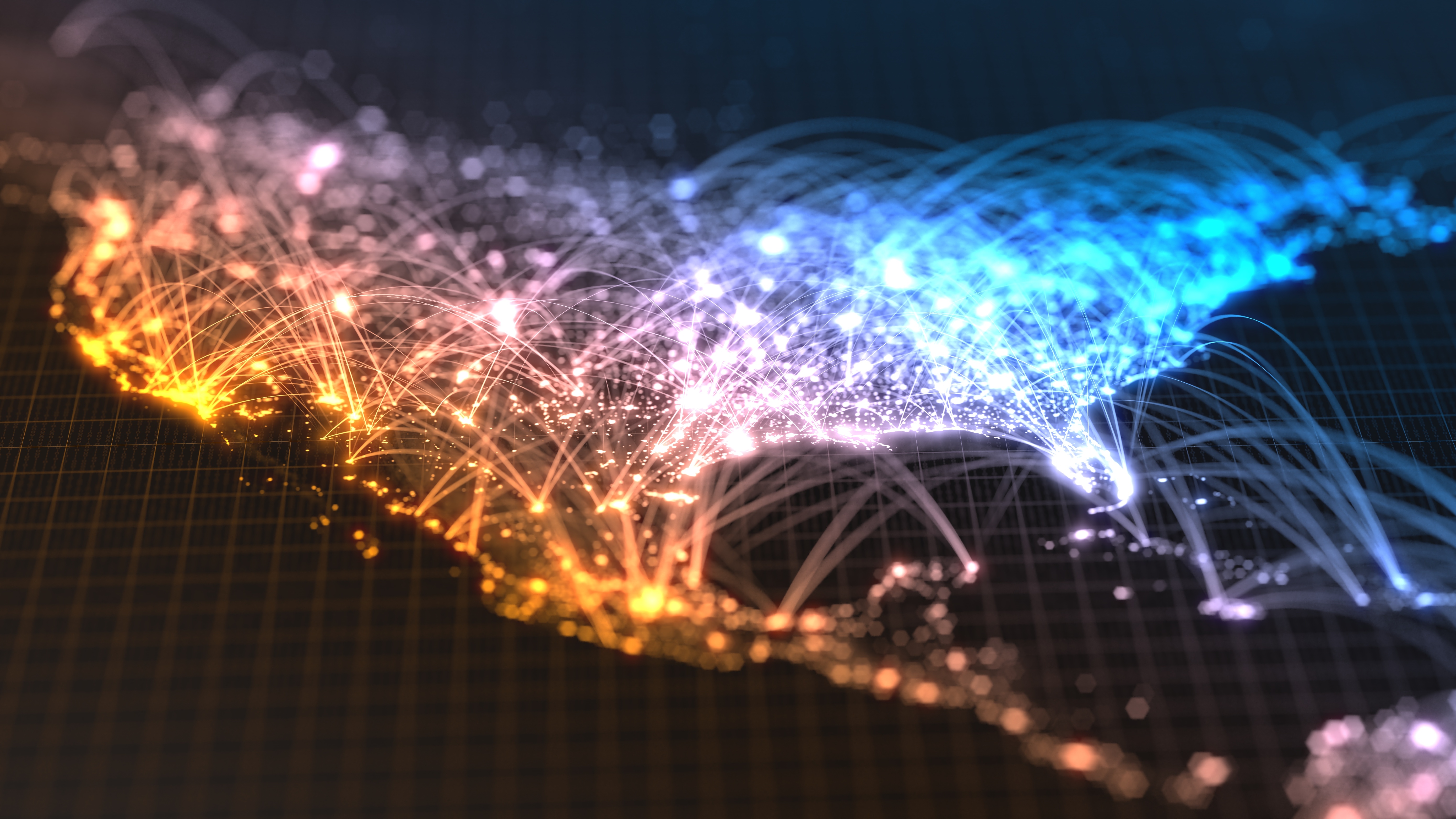 glowing city and human population density areas with bouncy line connections between them. 3d illustration