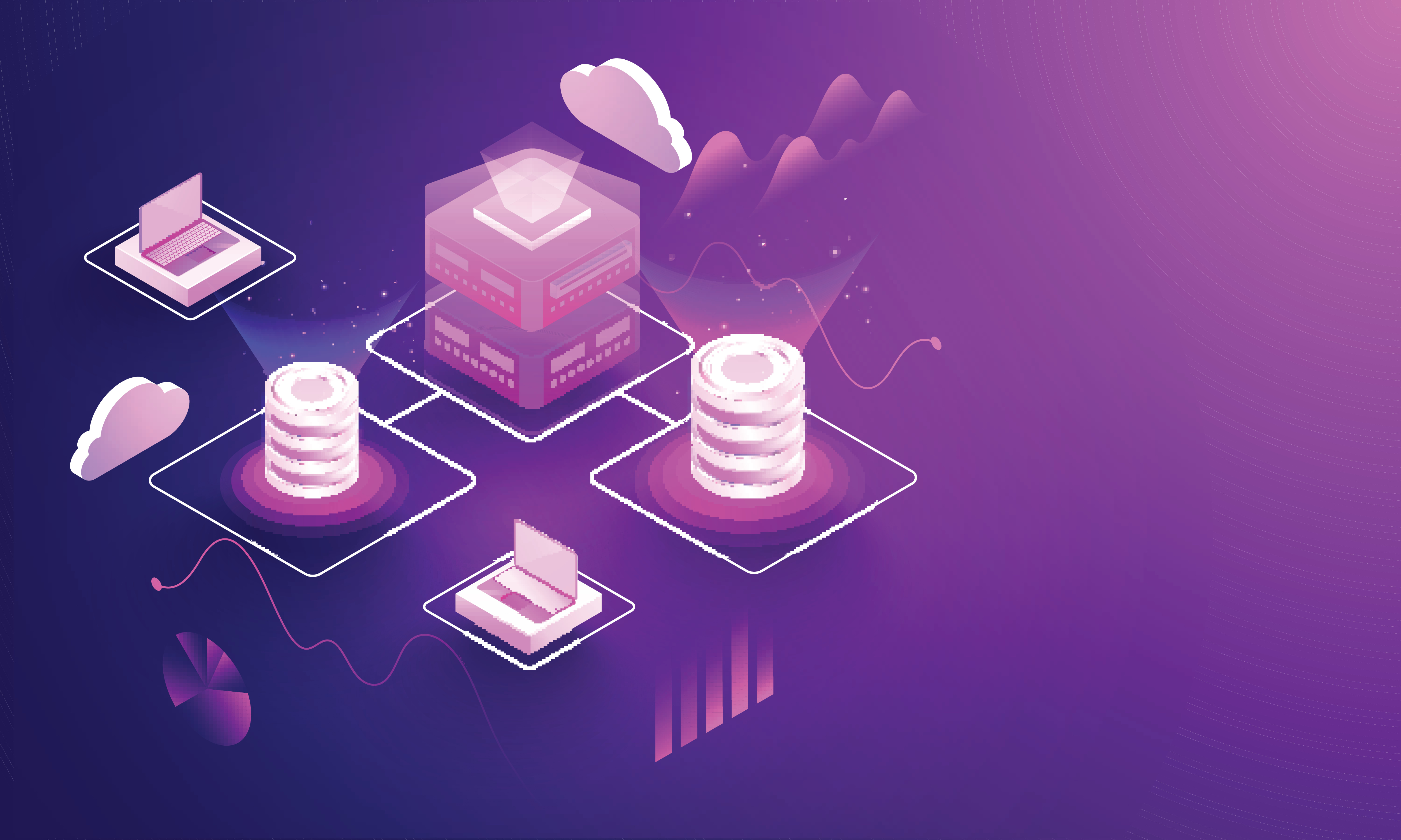 3D illustration of laptop and database connected with cloud server for Data center concept based isometric design.