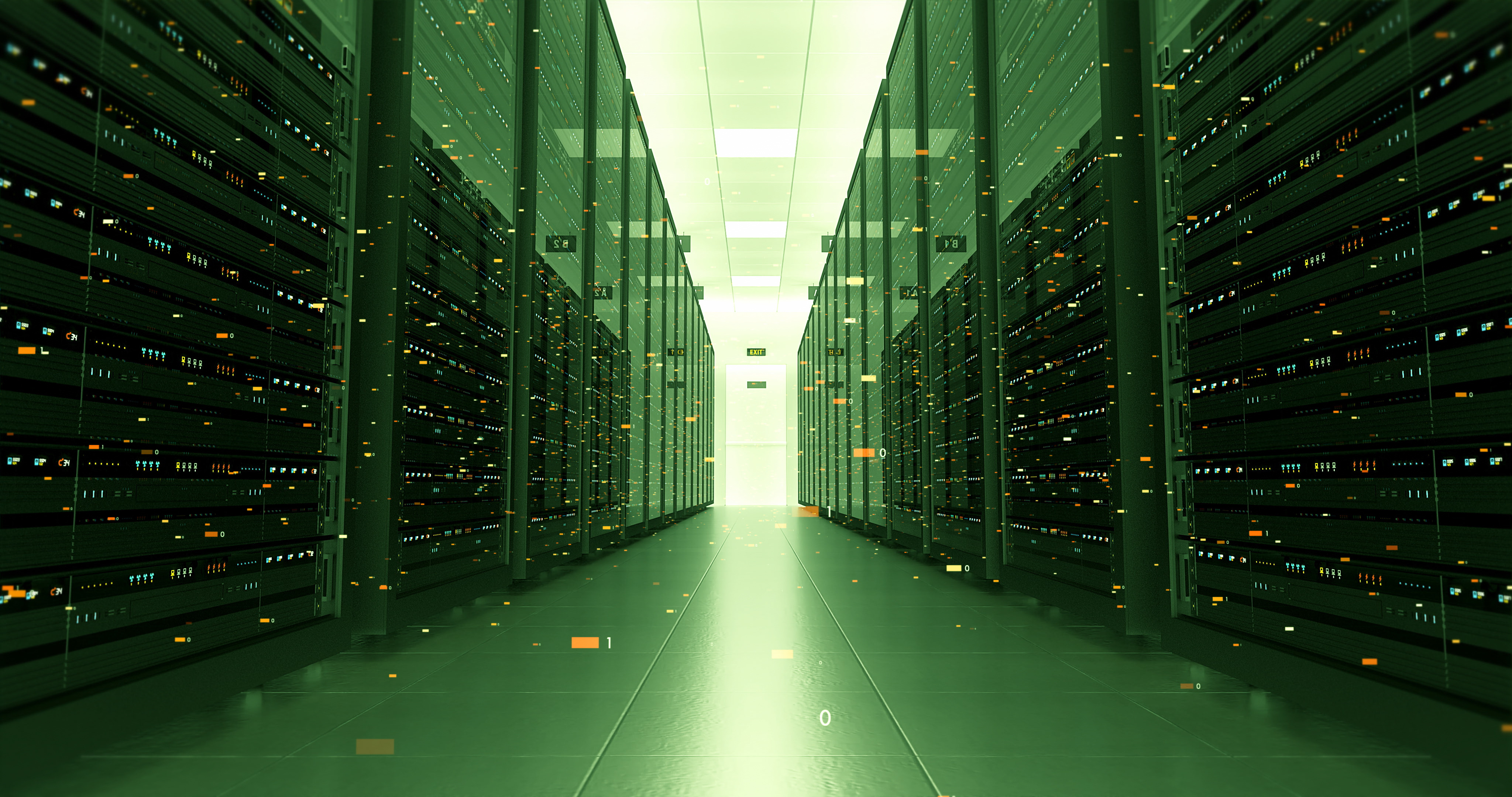 Server Racks In a Modern Data Center. High-Tech Background With Flying Numbers. Technology Related 3D Illustration Render.