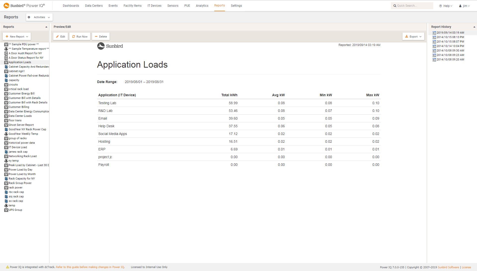 Screenshot of Application Load Report