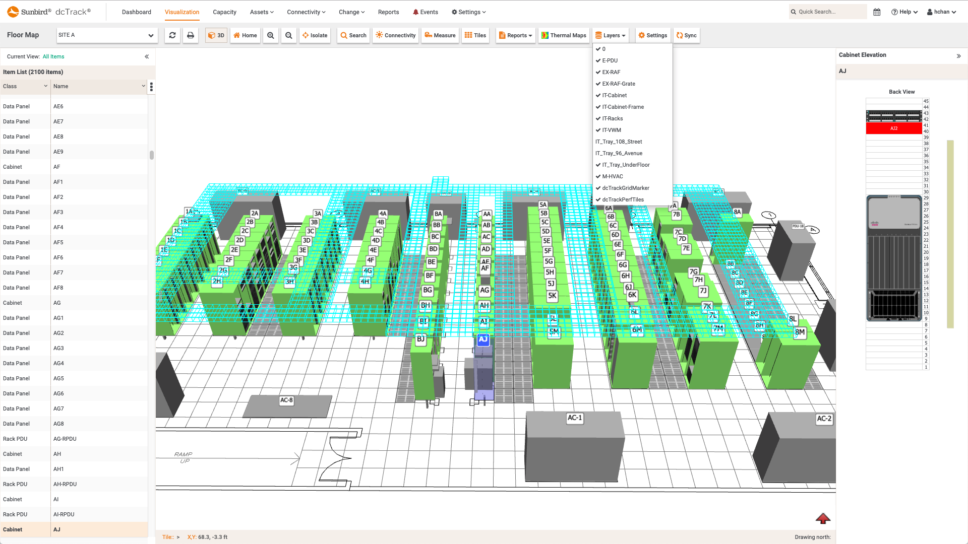 Screenshot of Cable Trays on the Data Center Floor Map