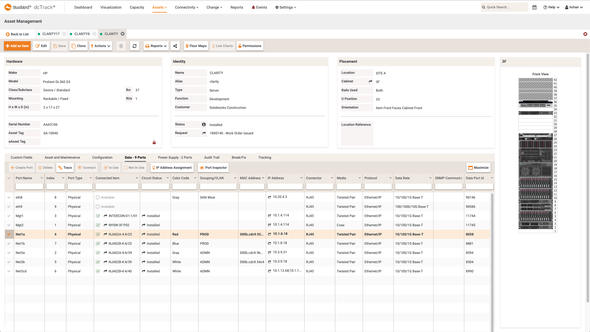 Screenshot of Data Ports Displayed in Asset Details