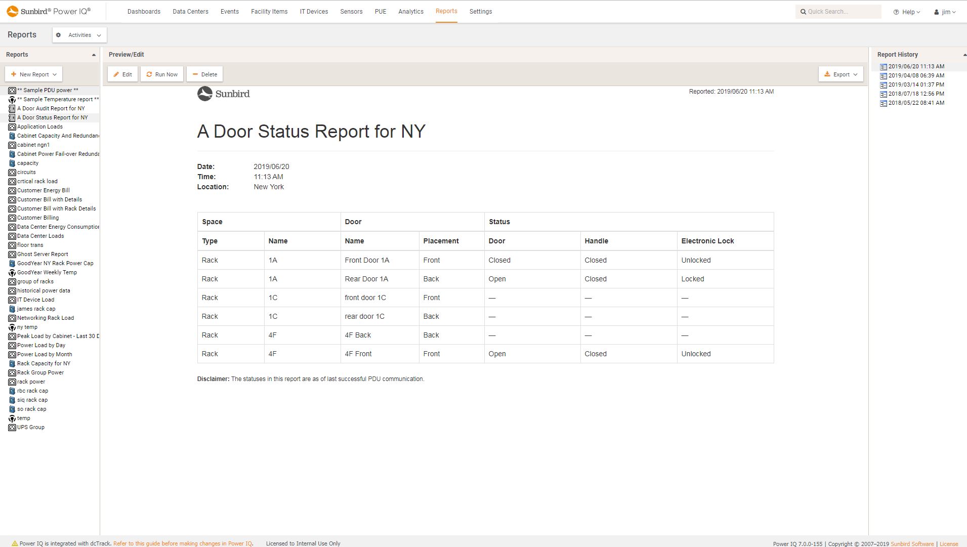 Screenshot of Electronic Door Status Report