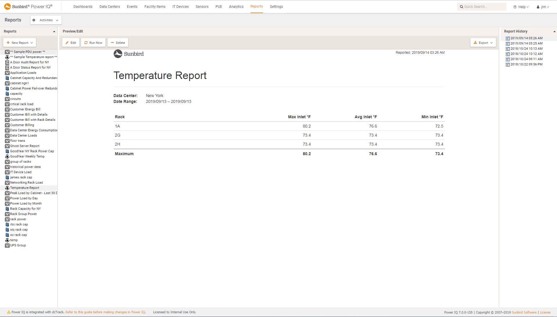 Screenshot of Rack Temperature Report
