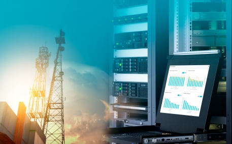 Management monitor with charts on screen in data center and telecommunication tower