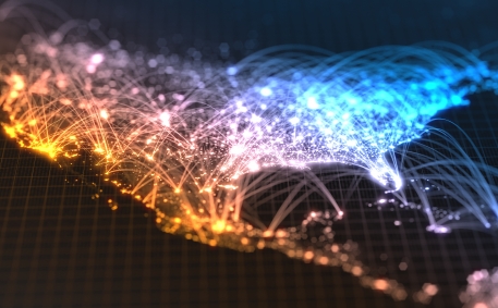 glowing city and human population density areas with bouncy line connections between them. 3d illustration