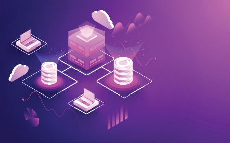 3D illustration of laptop and database connected with cloud server for Data center concept based isometric design.