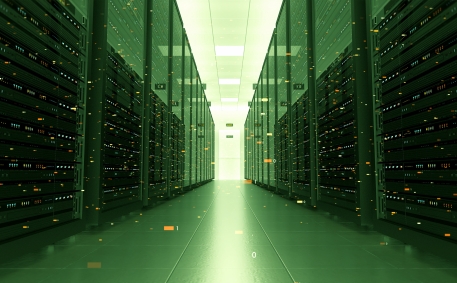 Server Racks In a Modern Data Center. High-Tech Background With Flying Numbers. Technology Related 3D Illustration Render.